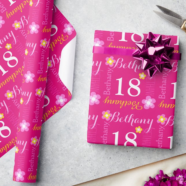 Flower personalised name age 18th birthday wrap wrapping paper (Creator Uploaded)