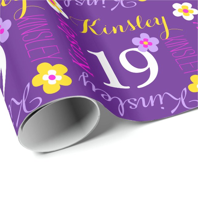 Flower personalised name age 19th birthday purple wrapping paper (Roll Corner)