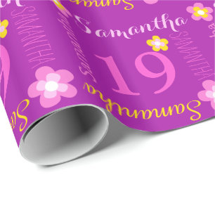 Flower personalised name age 19th birthday wrap wrapping paper