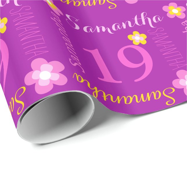 Flower personalised name age 19th birthday wrap wrapping paper (Roll Corner)