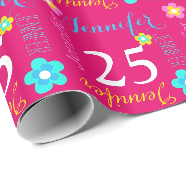 Flower personalised name age 25th birthday wrap wrapping paper (Roll Corner)