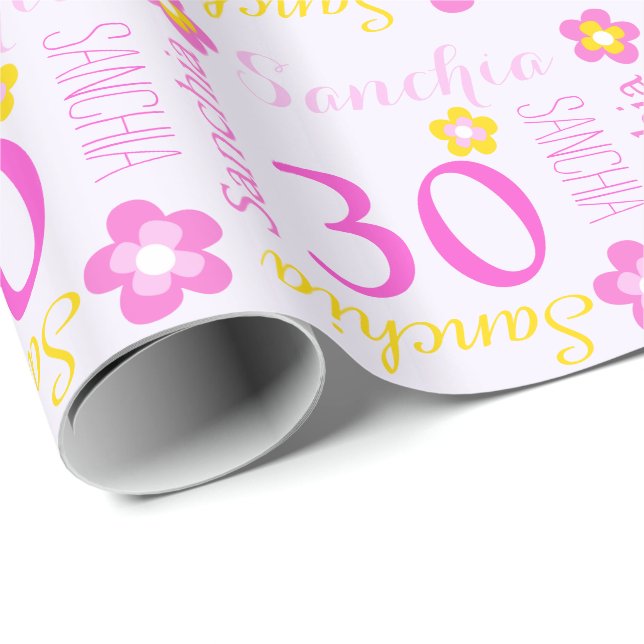 Flower personalised name age 30th birthday wrap wrapping paper (Roll Corner)