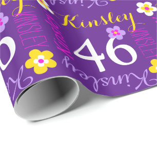 Flower personalised name age 46th birthday purple wrapping paper