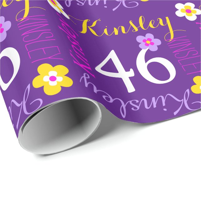 Flower personalised name age 46th birthday purple wrapping paper (Roll Corner)