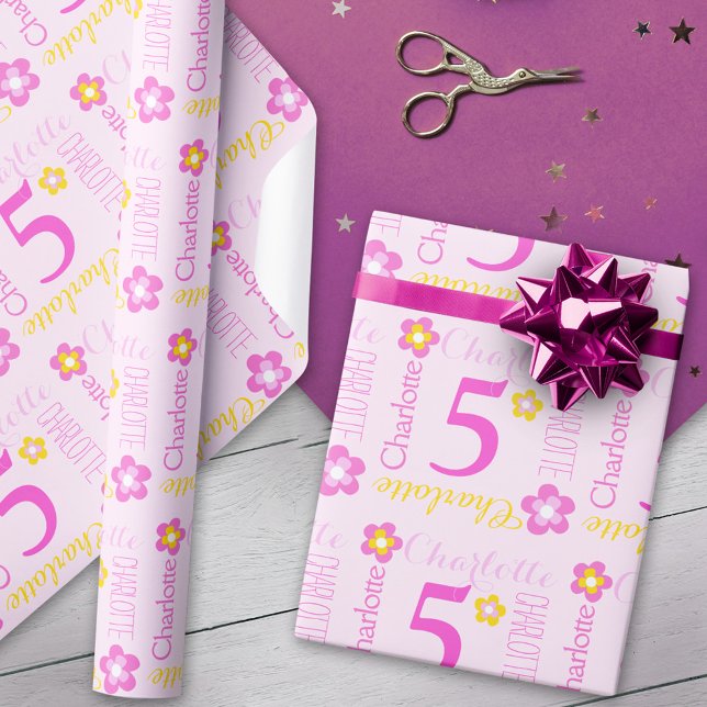 Flower personalised name age 5th birthday wrap wrapping paper (Creator Uploaded)