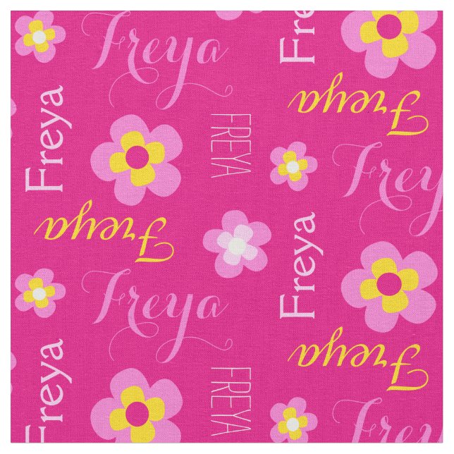 Flower personalised name pink typographic fabric (Close Up)