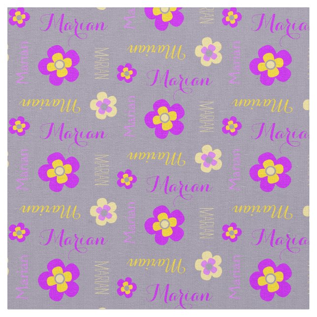Flower personalised name text purple grey fabric (Close Up)