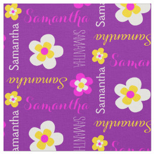 Flower personalised name text purple pink fabric