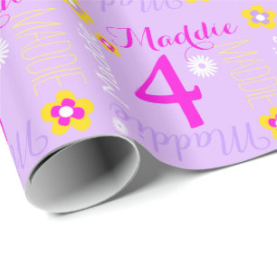Flower personalised purple pink age 4th birthday wrapping paper