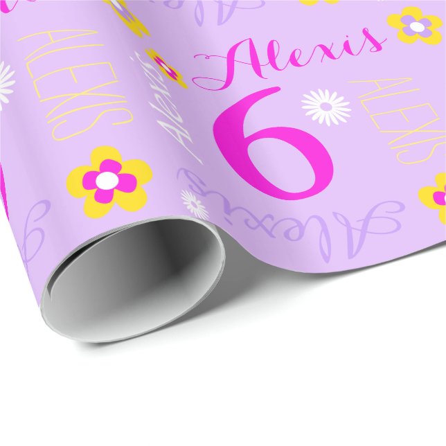 Flower personalised purple pink age 6th birthday wrapping paper (Roll Corner)
