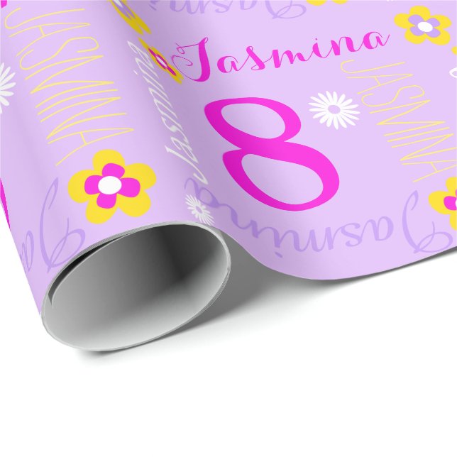 Flower personalised purple pink age 8th birthday wrapping paper (Roll Corner)