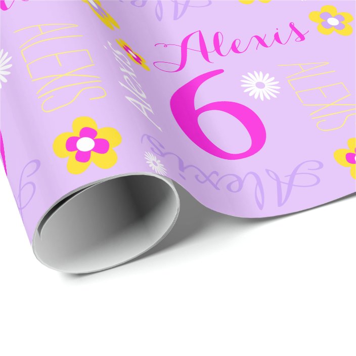 Flower personalized purple pink age 6th birthday wrapping paper Zazzle.co.uk