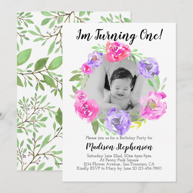 Flower Photo Girl Babys 1st Birthday Party Invitation (Front/Back)