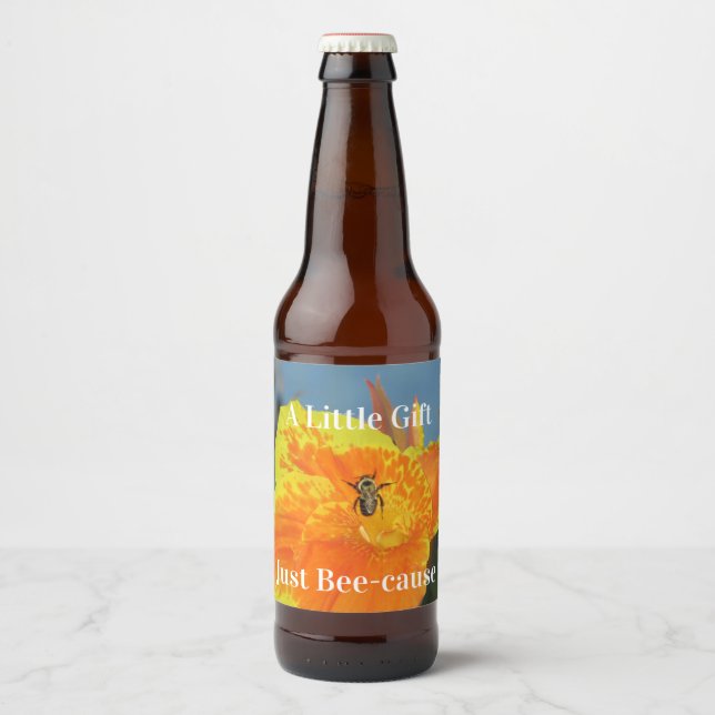 Flower Photo with Bee Orange Yellow Canna Lily Beer Bottle Label (Front)