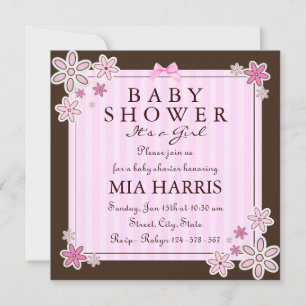Flower Pink & Brown Baby Shower Invite