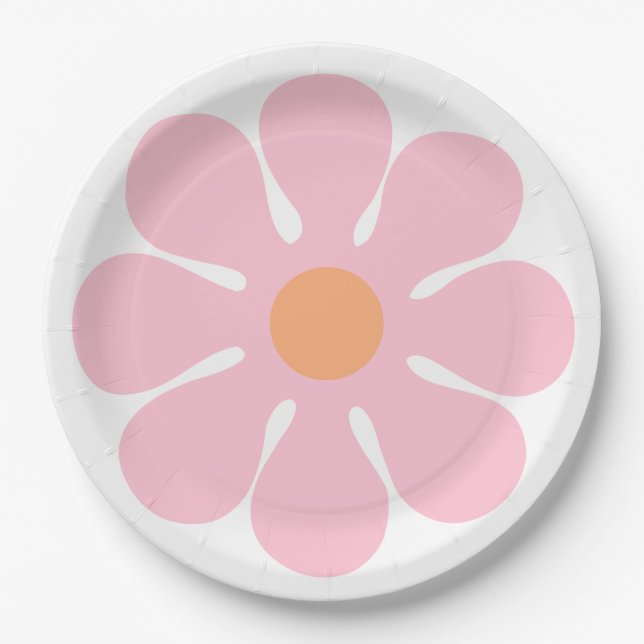 Flower Pink Groovy Birthday Retro Party  Paper Plate (Front)