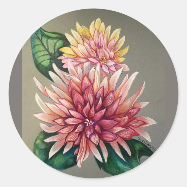 Flower Pink Japanese Chrysanthemum Drawing Classic Round Sticker (Front)