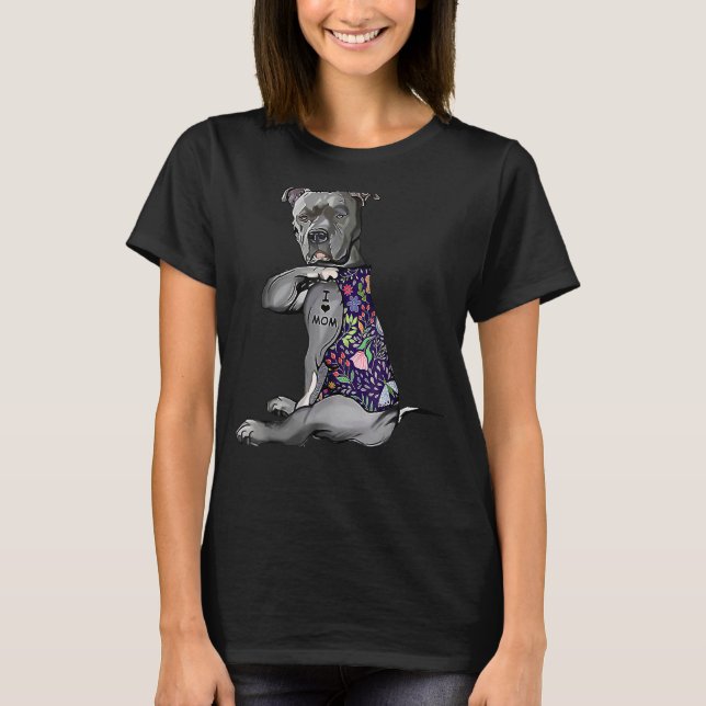 Flower Pitbull I Love Mum Pitbull Tattoo Mother's  T-Shirt (Front)
