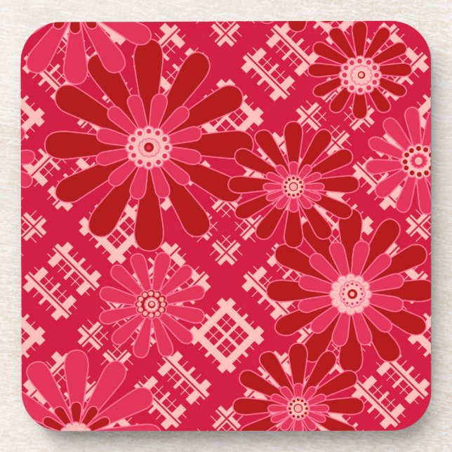 Flower plaid , floral , plaid , red , red , rustic coaster (Front)