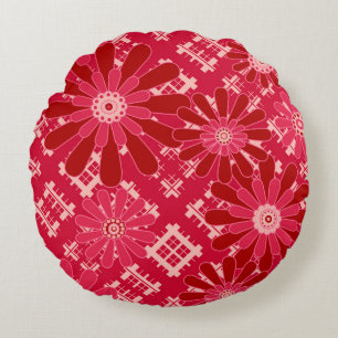 Flower plaid , floral , plaid , red , red , rustic round cushion