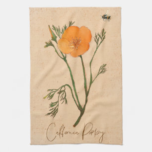 Flower Poppy Orange Vintage Botanical Wildflower Tea Towel
