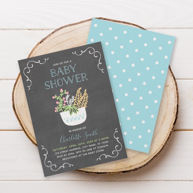 Flower Pot Chalkboard Blue Baby Shower Invitation (Creator Uploaded)