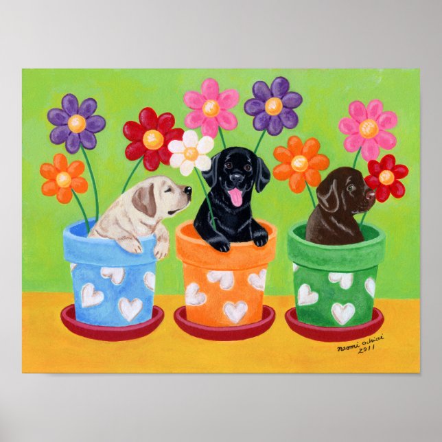 Flower Pot Labrador Puppies Artwork Poster (Front)