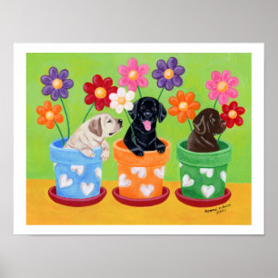 Flower Pot Labrador Puppies Artwork Poster