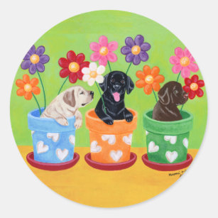 Flower Pot Labrador Puppies Classic Round Sticker