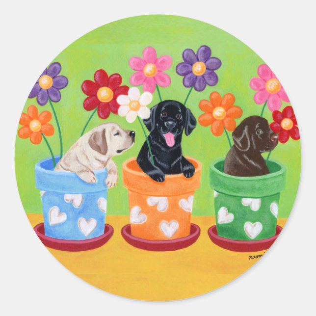 Flower Pot Labrador Puppies Classic Round Sticker (Front)