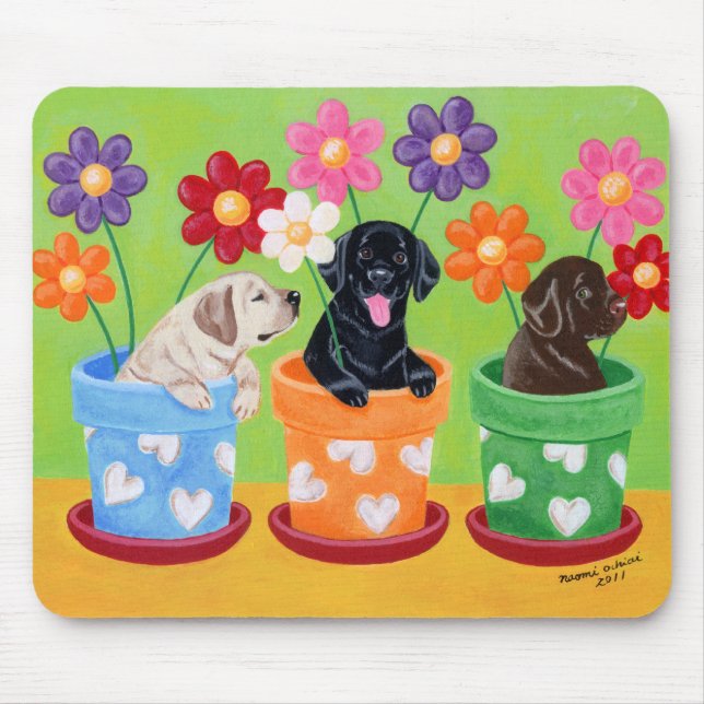 Flower Pot Labrador Puppies Mouse Mat (Front)