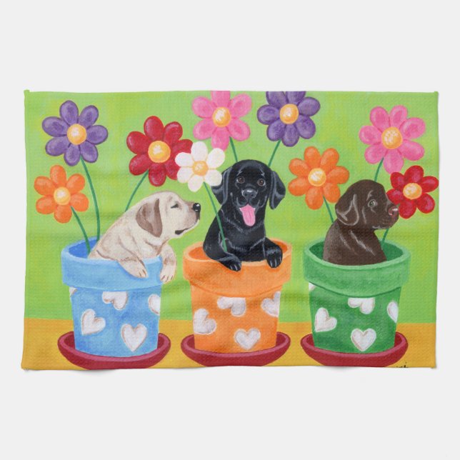 Flower Pot Labrador Puppies Painting Tea Towel (Horizontal)