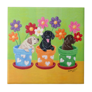 Flower Pot Labrador Puppies Tile