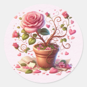 Flower Pot of Pink Roses Valentine Classic Round Sticker