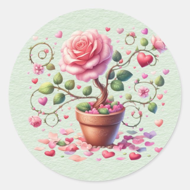 Flower Pot of Pink Roses Valentine Classic Round Sticker (Front)