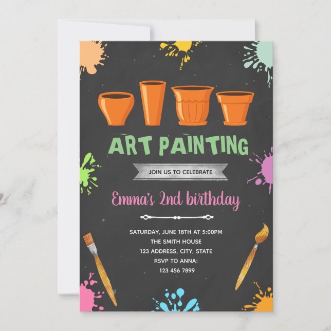 Flower pottery painting birthday party invitation (Front)