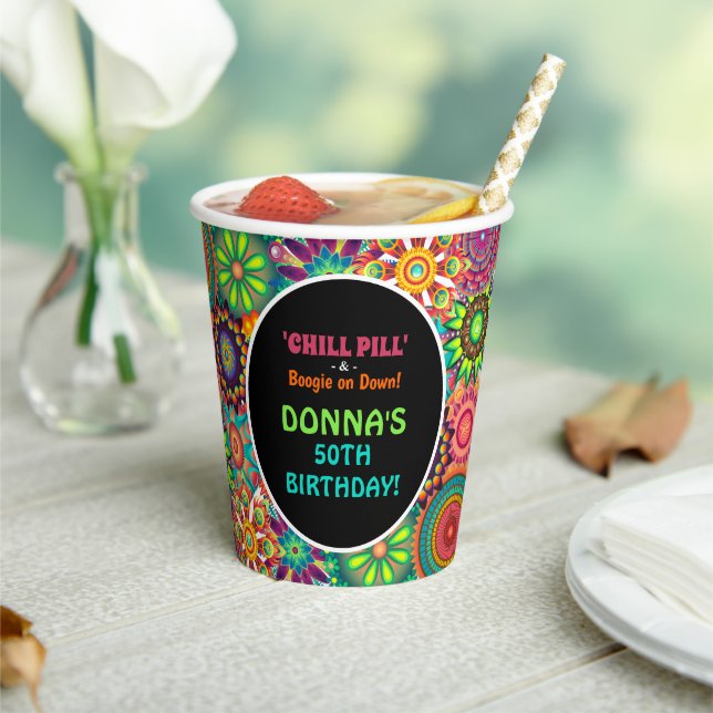 Flower Power 70's Colourful Birthday Party Paper Cups (Insitu)