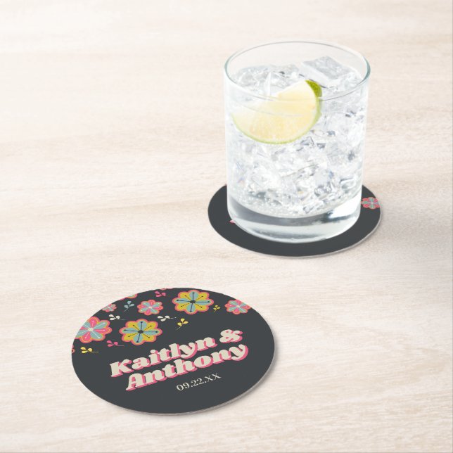 Flower Power 70's Retro Groovy Wedding Round Paper Coaster (Insitu)