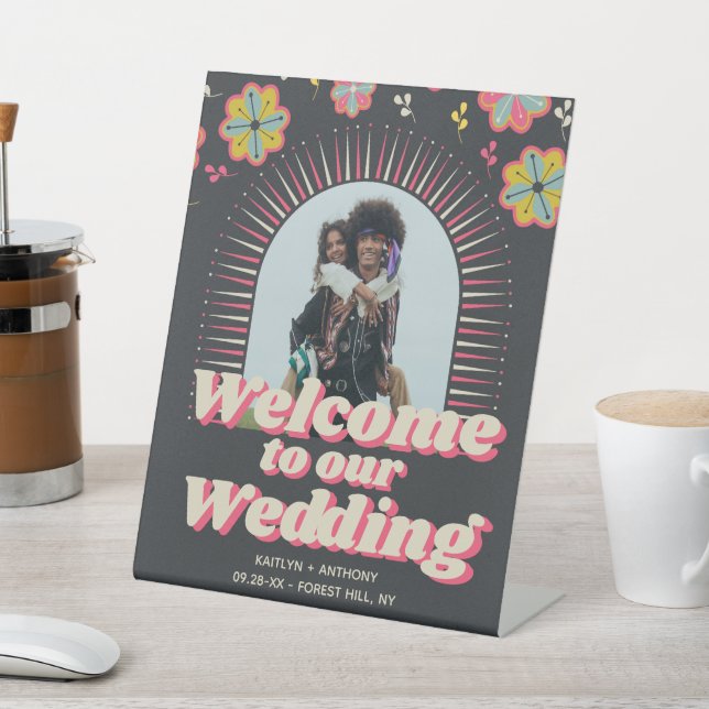 Flower Power 70's Retro Groovy Wedding Welcome Pedestal Sign (In SItu)