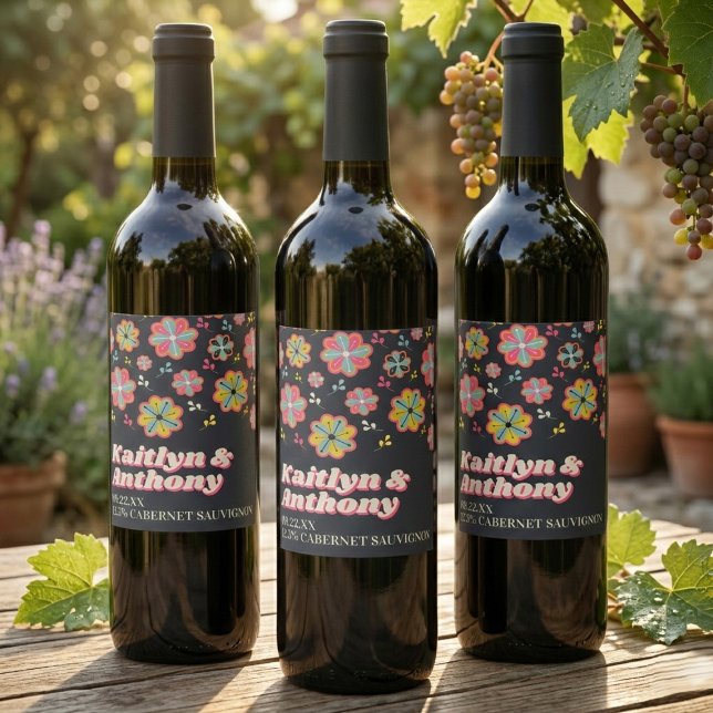 Flower Power 70's Retro Groovy Wedding Wine Label (Creator Uploaded)