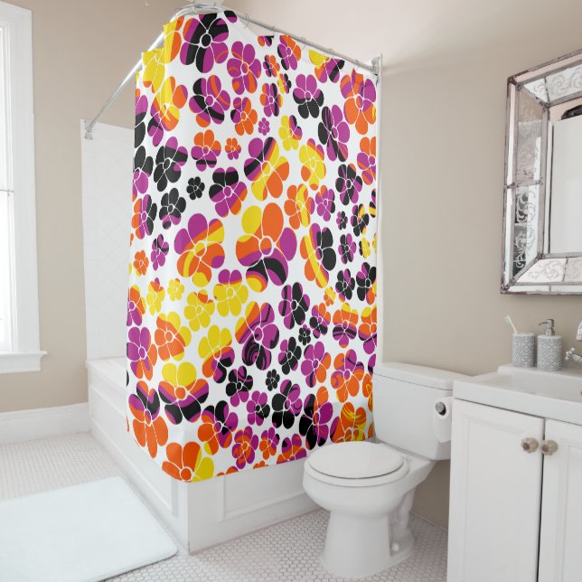 Flower Power - Black, Pink, Orange and Yellow Shower Curtain (In Situ)