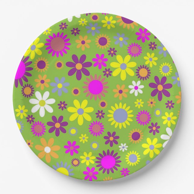 Flower Power Bright Green Paper Plate (Front)