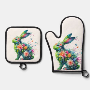 Flower Power Bunny Rabbit Oven Mitt & Pot Holder Set