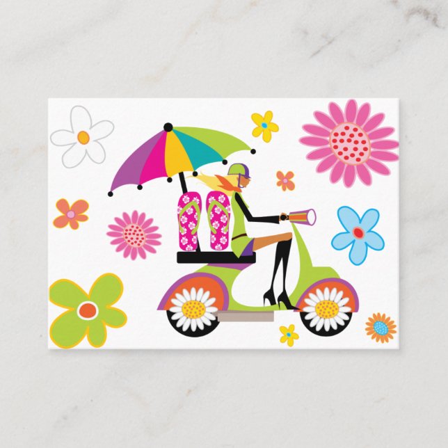 Flower Power Business Card Scooter Girl Flip Flops (Front)