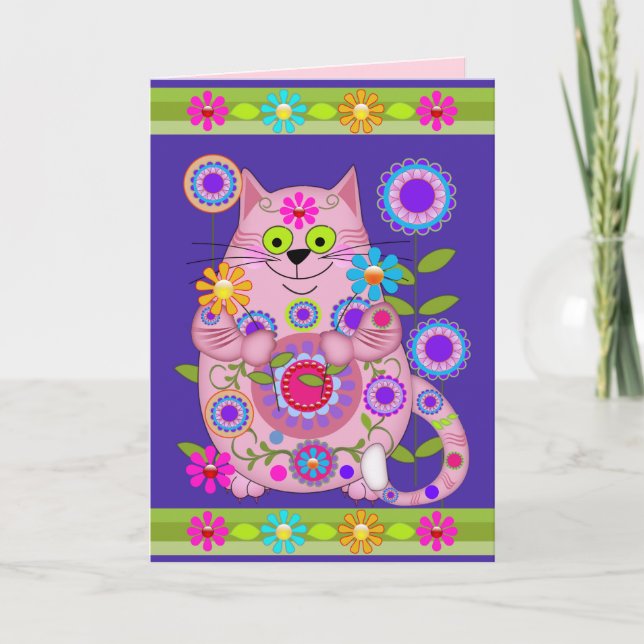 Flower Power Cat birthday card (Front)