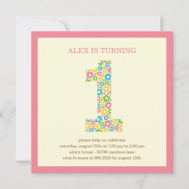 Flower Power First Birthday Invitation - Pink (Front)