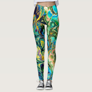 Flower Power FRACTAL BATIK Teal Yellow Blue Salmon Leggings