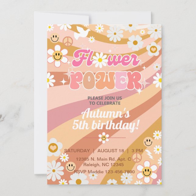 Flower Power Groovy girl 5th birthday invite. Invitation (Front)