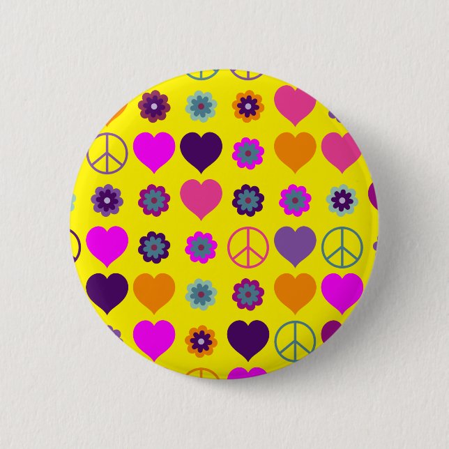 Flower Power Heart Peace Pattern + your backgr. 6 Cm Round Badge (Front)