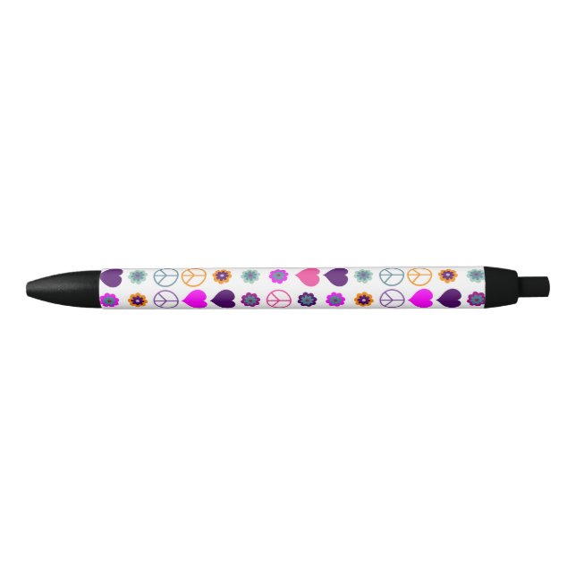 Flower Power Heart Peace Pattern + your backgr. Black Ink Pen (Front)